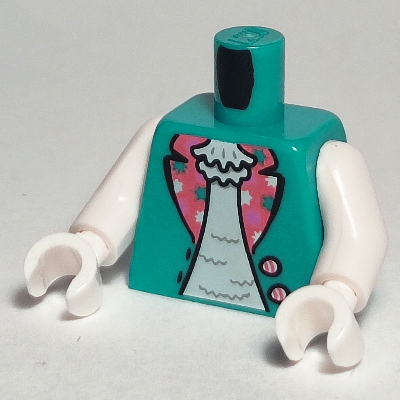 Torso Jacket, Open over Light Aqua Shirt with Large Dark Pink Dotted Lapels Print, White Arms, White Hands Dark Turquoise