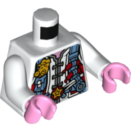 Torso Tunic with Medium Blue Utility Harness with Hot Dogs, Chopsticks, and Gold Pig Badge Print, White Arms, Bright Pink Hands White