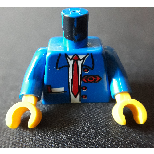 Torso Jacket, Open, Notepad, Red Long Tie and Train Logo Print, Blue Arms, Yellow Hands Blue