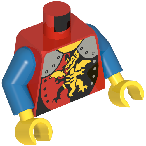 Torso Armor, with Silver Shoulder Covers, Dragon Standing Print, Blue Arms, Yellow Hands Red
