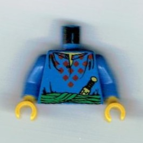 Torso Tunic with Red Diamonds, Sash, Knife, Open Collar Print, Blue Arms, Yellow Hands Blue