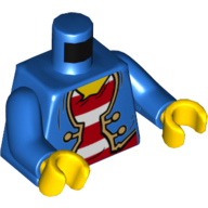 Torso Jacket, Open over Red and White Striped Shirt, Gold Trim and Buttons Print, Blue Arms, Yellow Hands Blau