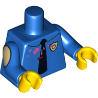 Torso Shirt with Black Tie, Pink Stain, and Police Badge Print, Blue Arms, Yellow Hands Blau