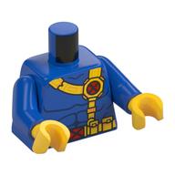 Torso Muscles Outline and Yellow Shoulder Strap and Belt with X-Men Logo Buckle, Print, Blue Arms, Yellow Hands Blau