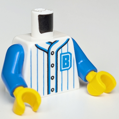 Torso Baseball Jersey, Vertical Blue Stripes with Buttons and 'B' Logo Print, Blue Arms, Yellow Hands White