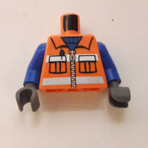 Torso Vest with Reflective Stripes, Zipper, and Pockets and Blue Shirt Print, Blue Arms, Dark Bluish Gray Hands Orange