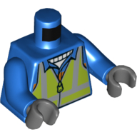 Torso Safety Vest, Lime with Reflective Stripes over Jacket with Orange Stripe Print, Blue Arms, Dark Bluish Gray Hands Blue