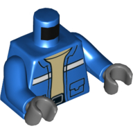 Torso Jacket with Pockets and White Stripe, Open over Tan Undershirt Print, Blue Arms, Dark Bluish Gray Hands Blau