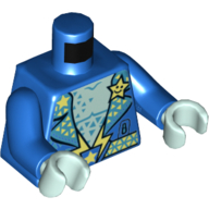 Torso Jacket, Open with Bare Chest, Glitter and Stars, Belt with Lightning Bolt Buckle Print, Blue Arms, Light Aqua Hands Blau