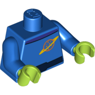 Torso Space Suit, Dark Blue Belt, Dark Purple Collar, Planet with Ring Logo Print, Blue Arms, Lime Hands Blue