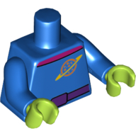 Torso Space Suit, Dark Purple Belt, Magenta Collar, Planet with Ring Logo Print, Blue Arms, Lime Hands Blue