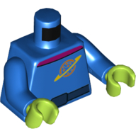 Torso Space Suit, Dark Blue Belt, Magenta Collar, Planet with Ring Logo Print, Blue Arms, Lime Hands Blau