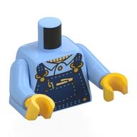 Torso Overalls, Dark Blue with Tan Stitching, Pen, Note, Gold Clasps, Buttons, Shirt print, Bright Light Blue Arms, Yellow Hands Bright Light Blue
