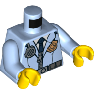 Torso Police Jacket with Zipper, Badge, Radio and Dark Blue Tie Print, Bright Light Blue Arms, Yellow Hands Leuchtendes Hellblau