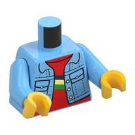 Torso Jacket, Denim with Pockets, Open over Red Undershirt with Blue, Yellow, and Green Stripe Print, Bright Light Blue Arms, Yellow Hands Leuchtendes Hellblau