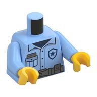 Torso, Police Uniform, Dark Blue Star Symbol, Pockets, Dark Bluish Grey Belt print, Bright Light Blue Arms, Yellow Hands Bright Light Blue