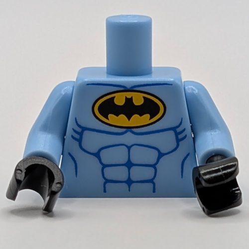 Torso Batman Logo in Yellow Oval with Blue Muscles Print, Bright Light Blue Arms, Black Hands Bright Light Blue