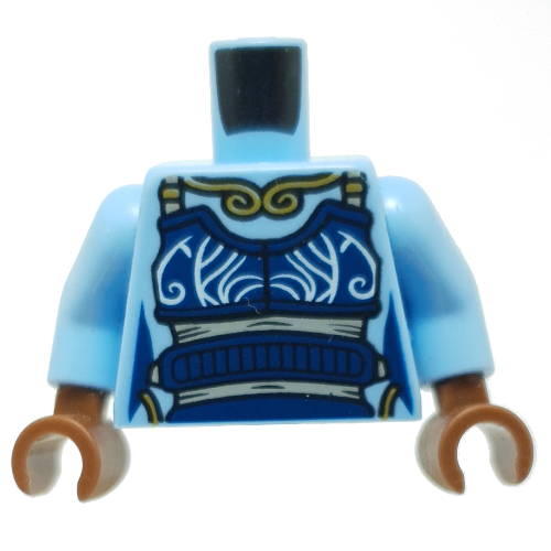 Torso Tunic, Dark Blue Apron, Gold Necklace Print, Bright Light Blue Arms, Reddish Brown Hands Leuchtendes Hellblau