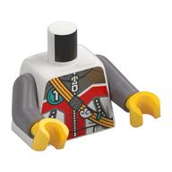 Torso, Jacket, Zipper, Light Bluish Grey/Red Shapes, Dark Turquoise Circle with White '1', Yellow Strap print, Flat Silver Arms, Yellow Hands White