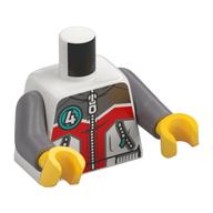 Torso, Jacket, Zipper, Light Bluish Grey/Red Shapes, Dark Turquoise Circle with White '4' print, Flat Silver Arms, Yellow Hands White
