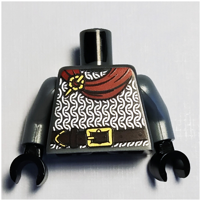 Torso Armor, Silver Chainmail, Dark Brown Belt / Dark Red Cape with Falcon Coat of Arms print, Flat Silver Arms, Black Hands Dark Bluish Gray