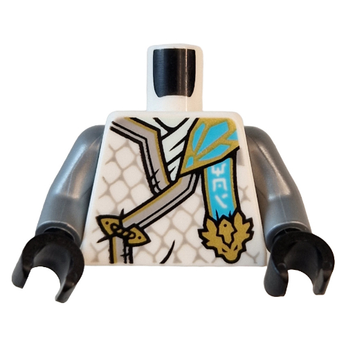 Torso, Ninja Robes, Silver Trim, Scales, Medium Azure Banner, Gold Dragon Head print, Flat Silver Arms, Black Hands Weiß