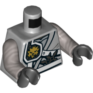 Torso Shoulder Protection with White Straps and Gold Lion Emblem over Robes, Shurikens in Belt Print, Flat Silver Arms, Black Hands Light Bluish Gray