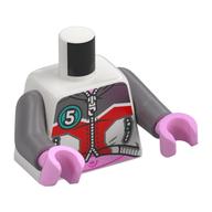 Torso, Jacket, Zipper, Light Bluish Grey/Red Shapes, Dark Turquoise Circle with White '5', Bright Pink Stomach print, Flat Silver Arms, Bright Pink Hands Weiß