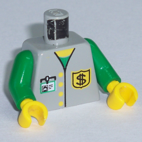 Torso Bank Employee Jacket, Dollar Sign Badge and ID Print, Green Arms, Yellow Hands Hellgrau