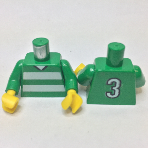 Torso Soccer Horizontal White Stripes and '3' Back Print, Green Arms, Yellow Hands Green
