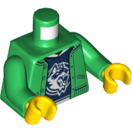 Torso Jacket over Dark Blue Shirt with White Collar and Raccoon Logo Print, Green Arms, Yellow Hands Grün