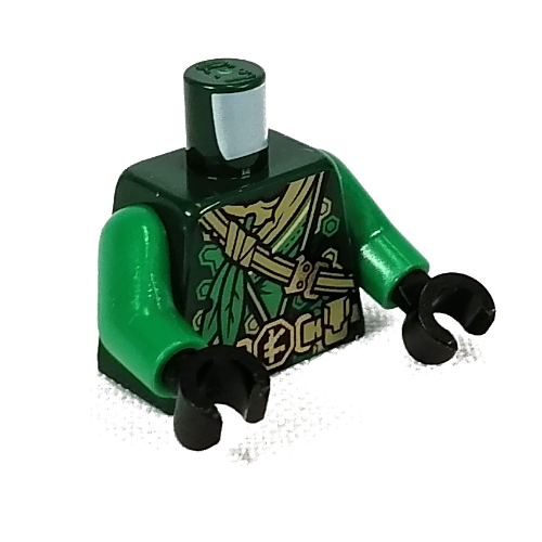 Torso Robe with Gold Straps, Belt, Asian Symbol, Green Leaves print, Green Arms, Black Hands Dunkelgrün