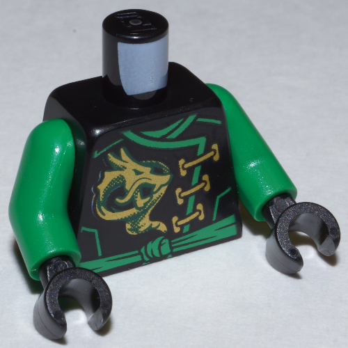 Torso Robe with Gold Clasps, Dragon, Green Sash and Asian Character and Wings on Back Print, Green Arms, Black Hands Schwarz