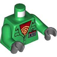 Torso Jacket, ID Badge, Red Shirt with Yellow Circles, Green Arms, Dark Bluish Gray Hands Green