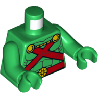 Torso Muscles Outline with Red Straps and Belt, Yellow Clasps and Cord Print, Green Arms and Hands Green