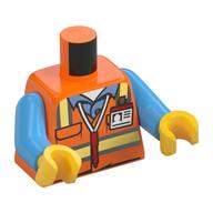 Torso Safety Vest with Reflective Stripes over Medium Blue Shirt, ID Badge, Red Pen around Neck ,'2016 The LEGO Store San Francisco Centre' Print, Medium Blue Arms, Yellow Hands Orange