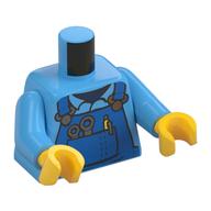 Oberkörper Mechaniker blauer Overall, Werkzeug in der Tasche, Stift mit schwarzer Umrandung (bedruckt), Rückseitenaufdruck, mittelblaue Arme, gelbe Hände Mittelblau