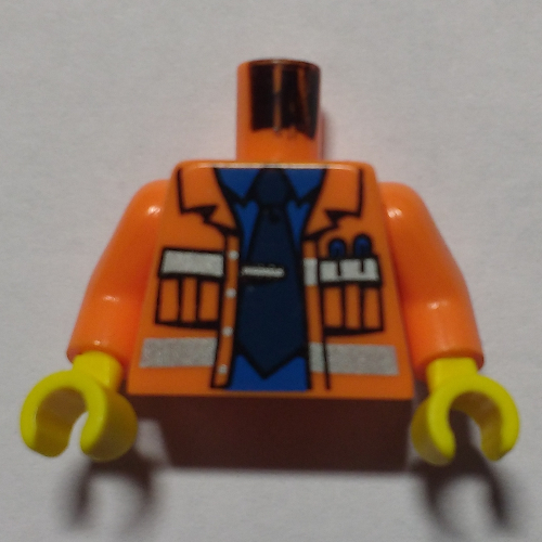 Torso Construction Jacket Open, Safety Stripes, Blue Shirt, Dark Blue Tie Print, Orange Arms, Yellow Hands Orange