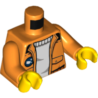 Torso Jacket with Pockets over White Sweater, Arctic Explorer Logo on Reverse Print, Orange Arms, Yellow Hands Orange