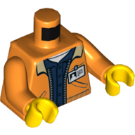 Torso Jacket with Zipper, Dark Blue Buttoned Shirt, Pockets, ID Badge, Miners Logo, Orange Arms, Yellow Hands Orange
