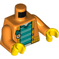 Torso Jacket with Flower and Cat Buttons, Dark Turquoise Undershirt with White Stripes print, Orange Arms, Yellow Hands Orange