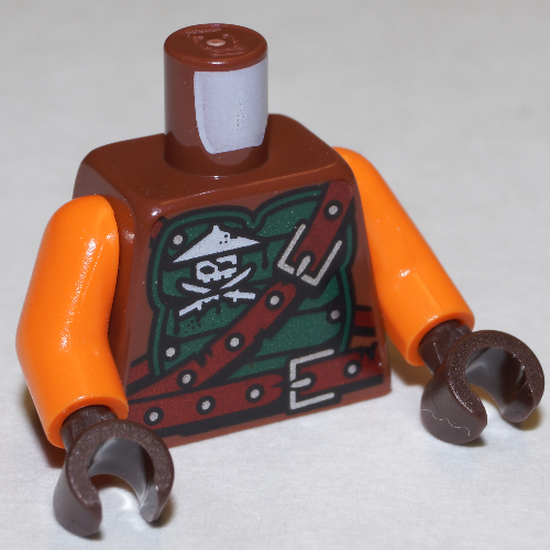 Torso Green Armor with Belts, Ninja Skull with Crossed Swords and Scabbards Print, Orange Arms, Dark Brown Hands Rotbraun