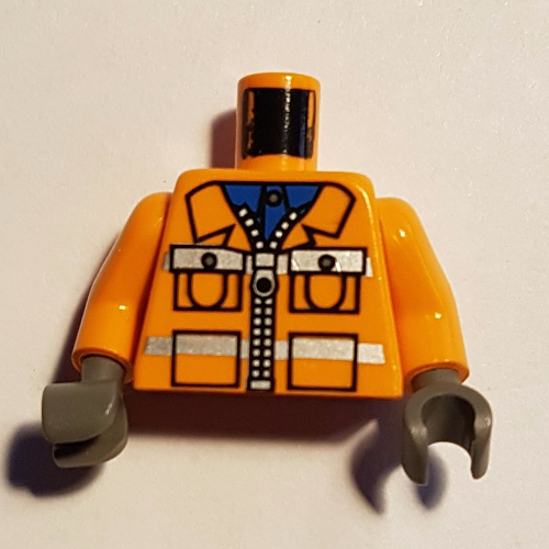Torso Construction Jacket with Zipper, Blue Shirt, Safety Stripes Print, Orange Arms, Dark Gray Hands Orange