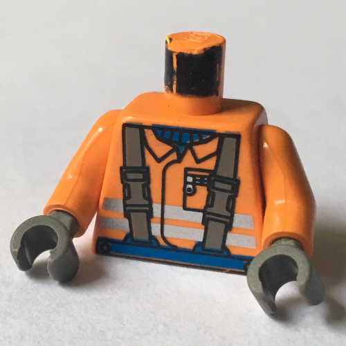 Torso Construction Jacket, Brown Suspenders, Shirt, Safety Stripes Print, Orange Arms, Dark Gray Hands Orange