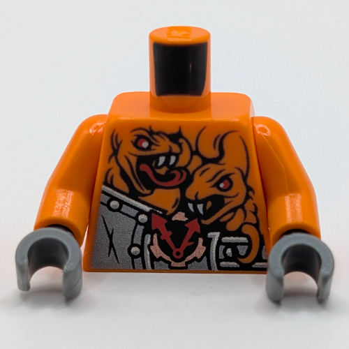 Torso Armor with Rivets, Clock and 4 Orange Snakes with Red Eyes and White Fangs Print, Orange Arms, Dark Bluish Gray Hands Orange