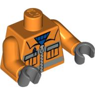 Torso Safety Jacket with Zipper, Pockets, and Blue Shirt / 2012 The LEGO Store Elizabeth, NJ on Back Print, Orange Arms, Dark Bluish Gray Hands Orange