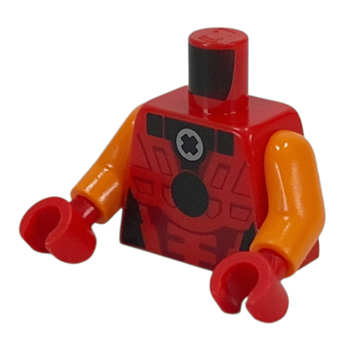 Torso, Dark Red Armor, Black Circle, Light Bluish Grey Technic Bush print, Orange Arms, Red Hands Rot