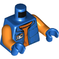 Torso Down Vest with ID Badge over Orange Sweater, Arctic Explorer Logo on Reverse Print, Orange Arms, Blue Hands Blau