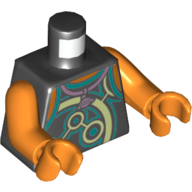 Torso Vest with Yellowish-Green and Dark Turquoise Circles, Necklace with Saturn Print, Orange Arms and Hands Black
