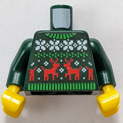 Torso, Christmas Sweater with White/Bright Green Decorations, Red Reindeer print, Dark Green Arms, Yellow Hands Dunkelgrün
